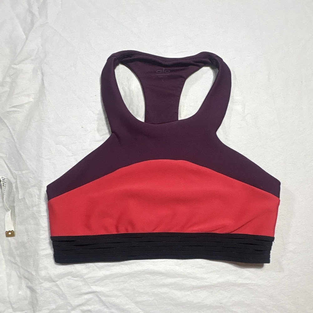 Alo Yoga Sports Bra Womens S Plum Red Colorblock Racerback High Neck Workout